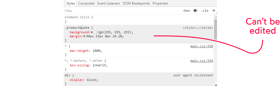 Screenshot of the Chrome Devtools showing a CSS rule with a grey background, annotated with the words “Can't be edited”