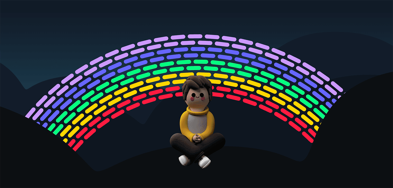 Screenshot of my blog’s homepage showing a colorfun rainbow behind my 3D mascot