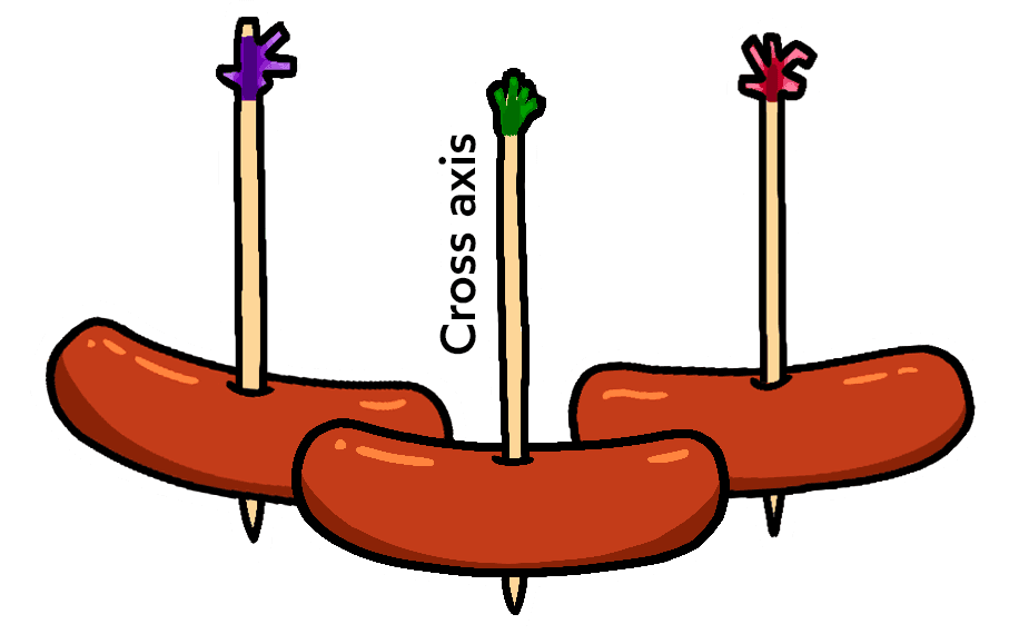 3 separate cocktail wieners, each with their own toothpick skewering them vertically. The toothpicks are labeled 'cross axis'