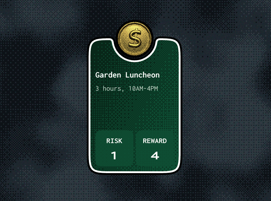 Screenshot of a portrait-oriented green card with a floating gold coin. The card has squircle-style corners and a big circular cutout along the top, tracing the bottom edge of the coin