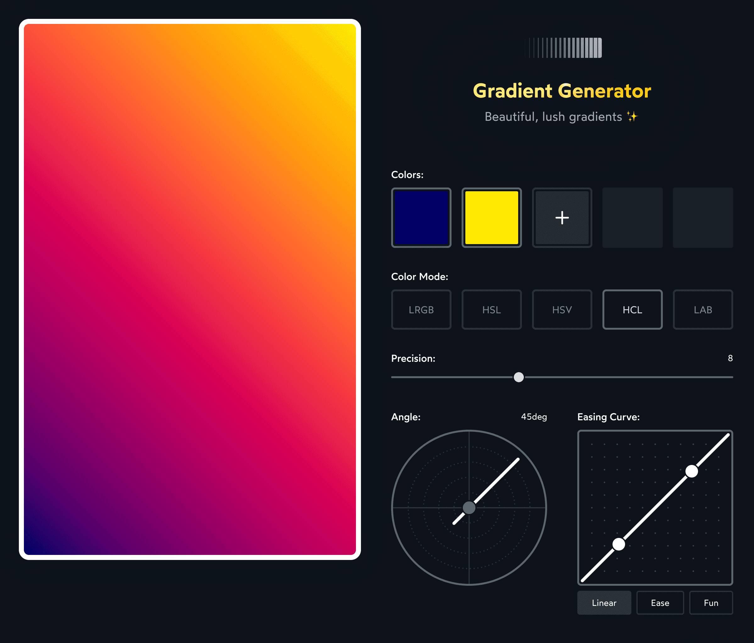 Gradient generator: Đừng chần chừ, hãy khám phá Gradient Generator ngay hôm nay để tạo ra những thiết kế đầy màu sắc và tinh tế. Tận hưởng những hiệu ứng gradient độc đáo và tạo nên những thiết kế đẹp mắt, sáng tạo.