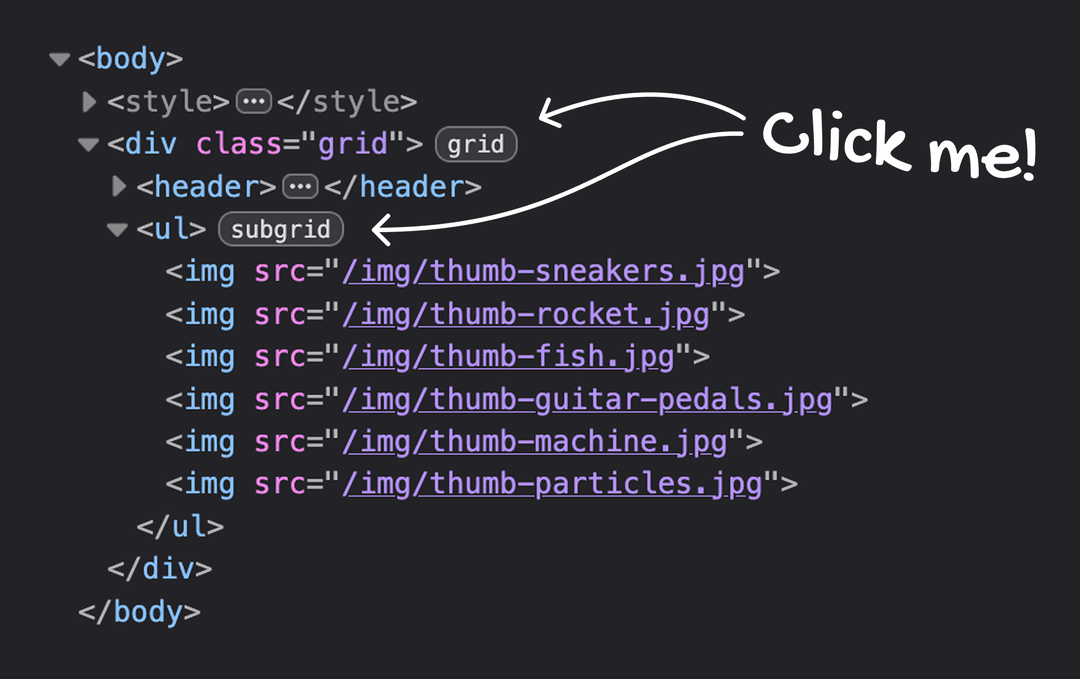 Screenshot of the “Inspector” pane in Firefox, showing the markup for the portfolio example above. A hand-written annotation says “click me!”, with arrows to the grid/subgrid buttons