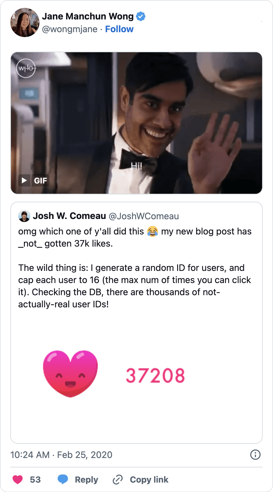 Jane Manchun Wong, revealing on social media that she was the one who added 37,208 likes to my blog post with a GIF.