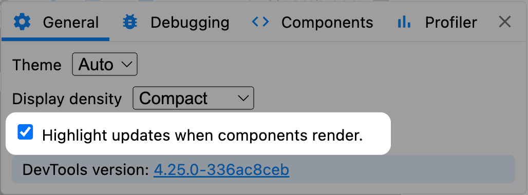 screenshot of the React profiler settings, showcasing a setting that reads “Highlight updates when components render”