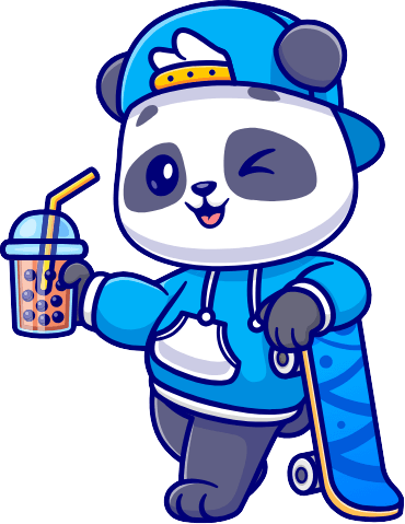 the Panda CSS mascot, a cute panda with a skateboard and bubble tea