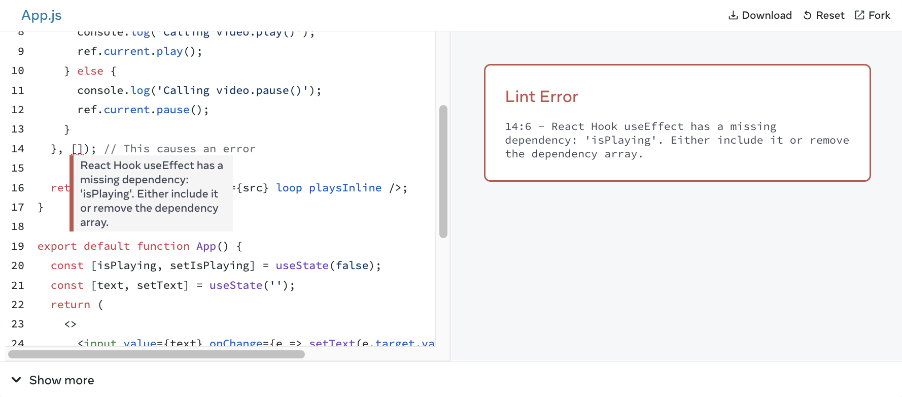 Screenshot of a playground with a lint warning: “React hook useEffect has a missing dependency”