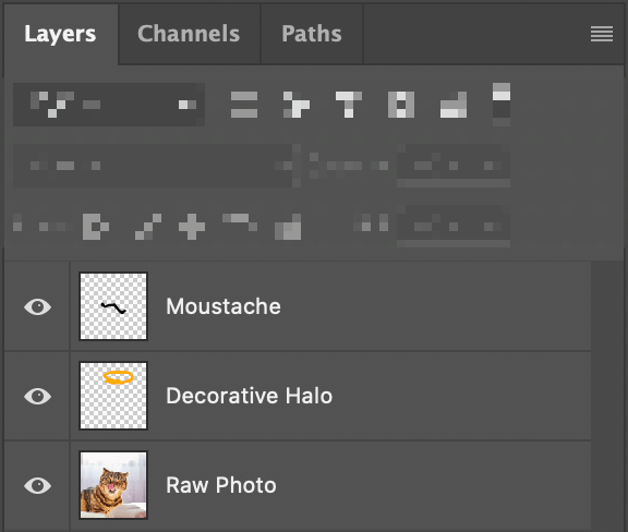 3 layers in a Photoshop document: a cat photo (bottom), a moustache (mid), and a halo (top)