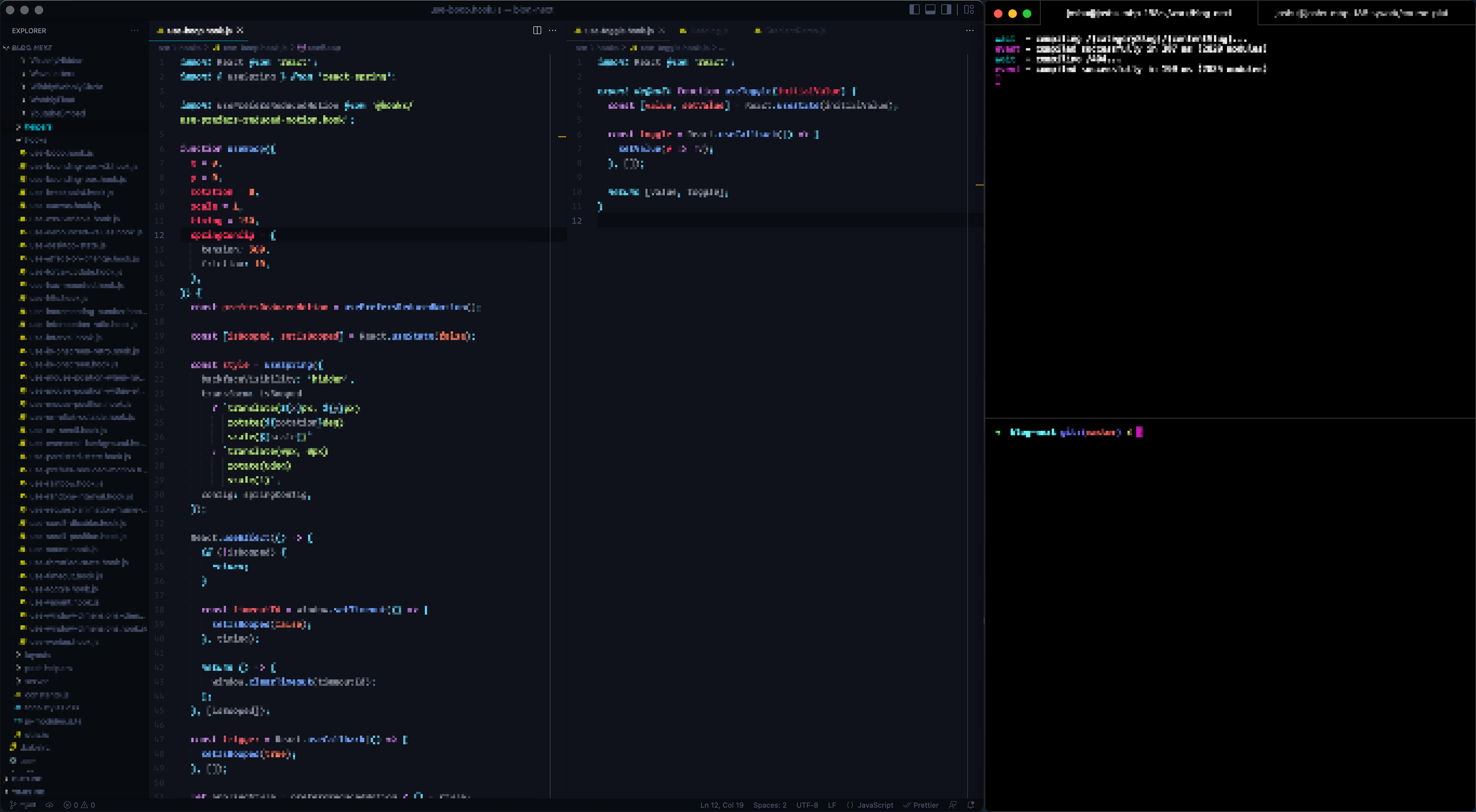 Screenshot of my code setup, with a two-pane code editor on the left and a terminal column on the right, split vertically into 2 sessions