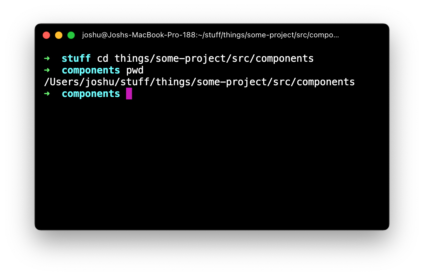 Running the 'cd' command to make the same transition as before, but doing it in 1 single step: 'cd things/some-project/src/components'