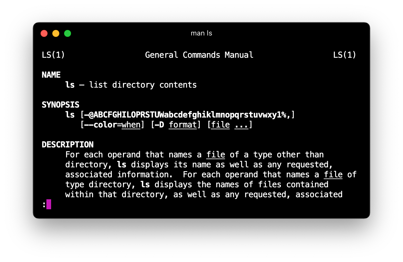 Running the 'man' command to view 'ls' documentation