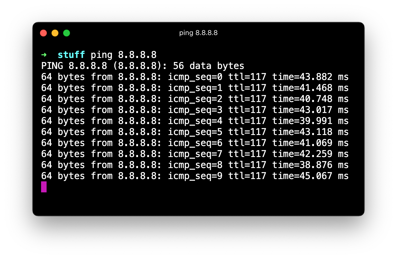 Running 'ping 8.8.8.8'. The terminal fills up with results, showing that the pings come back after 30-45 milliseconds.