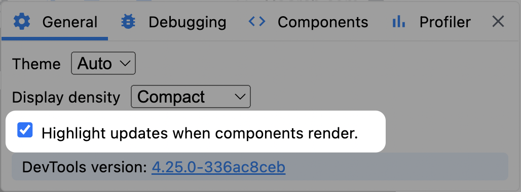 screenshot of the React profiler settings, showcasing a setting that reads “Highlight updates when components render”