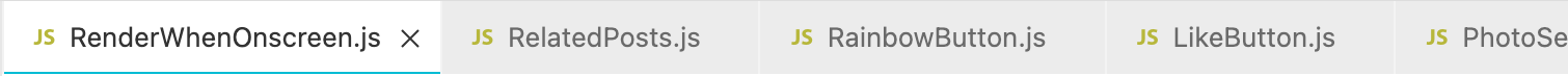 A bunch of files open, with proper names like “RainbowButton.js”