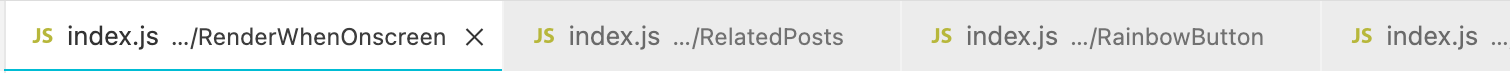 A bunch of files open, formatted like “index.js - /RainbowButton”