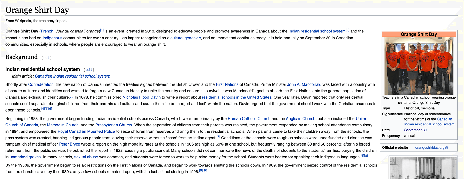 Screenshot of a wikipedia article about Orange Shirt Day, a Canadian event raising awareness about the Indian residential school system. The text is very wide, since it was taken on a large screen.