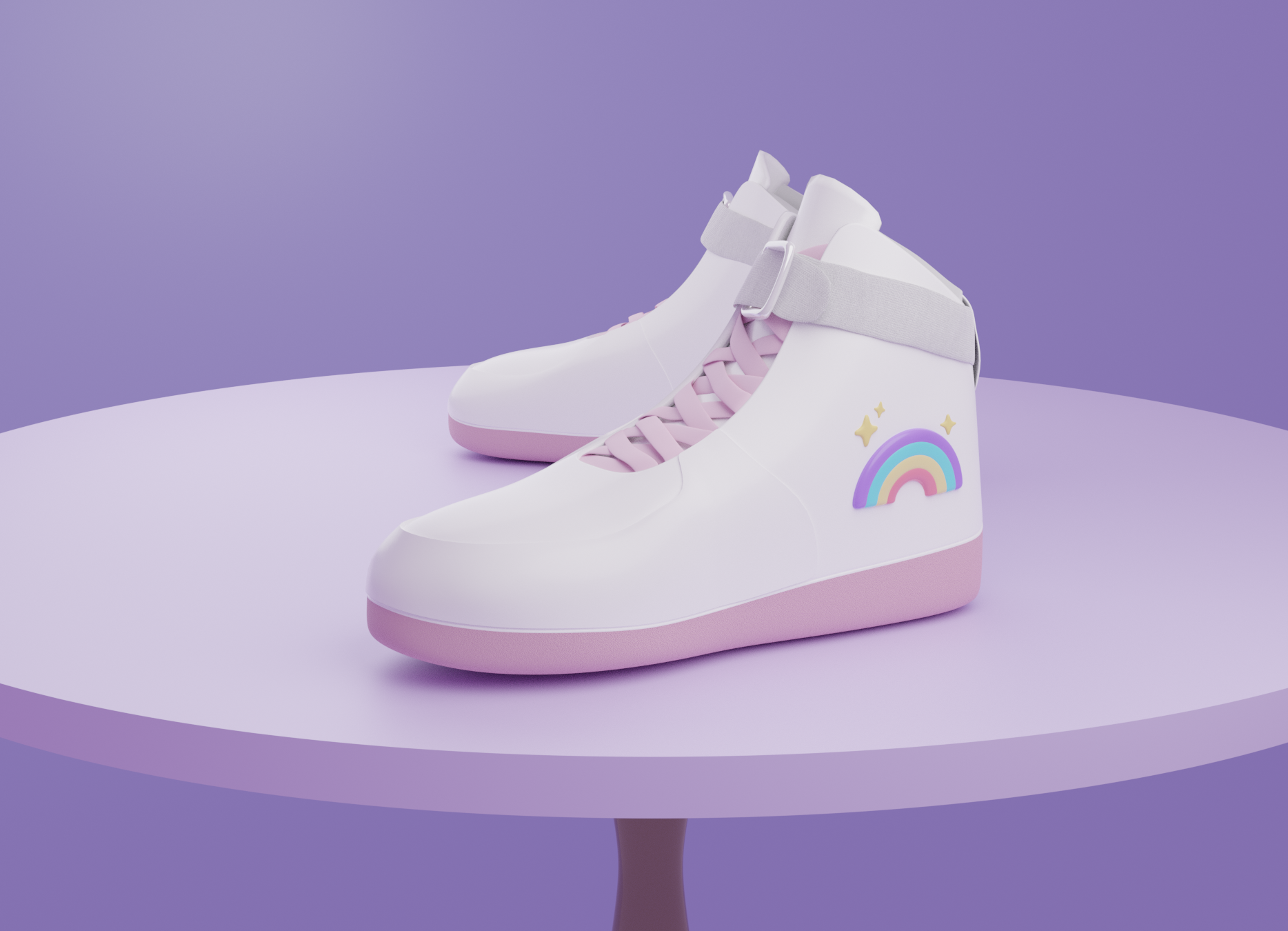 two sneakers with rainbow decals. 3D illustration.