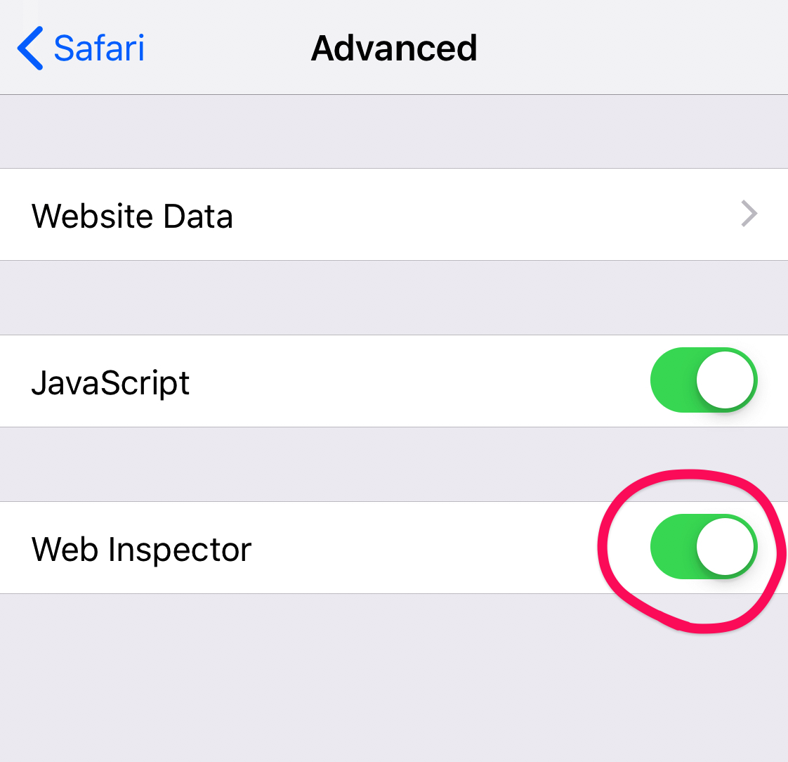 The iPhone Safari settings, showing the Web Inspector toggle checked on