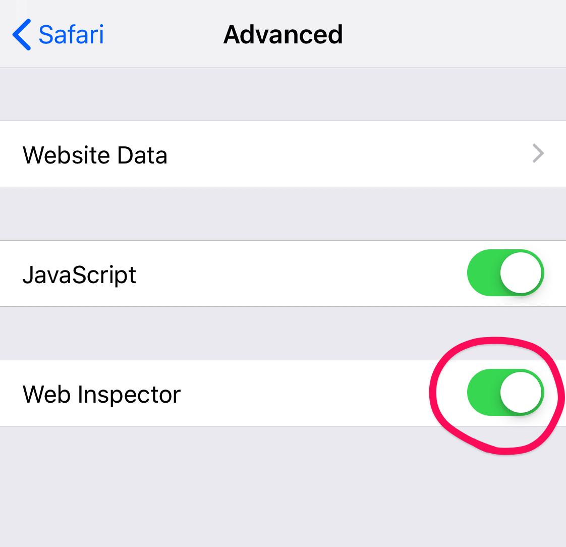 For bewildering reasons, this switch is disabled by default! The iPhone Safari settings, showing the Web Inspector toggle checked on
