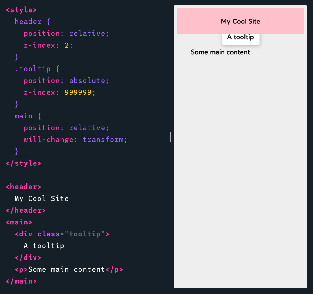 A code snippet showing a tooltip hiding behind a header