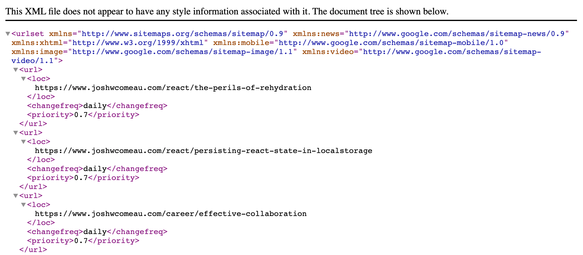 An HTML-like document shows a bunch of unintelligible markup. Upon close scrutiny, URLs from this blog can be seen.