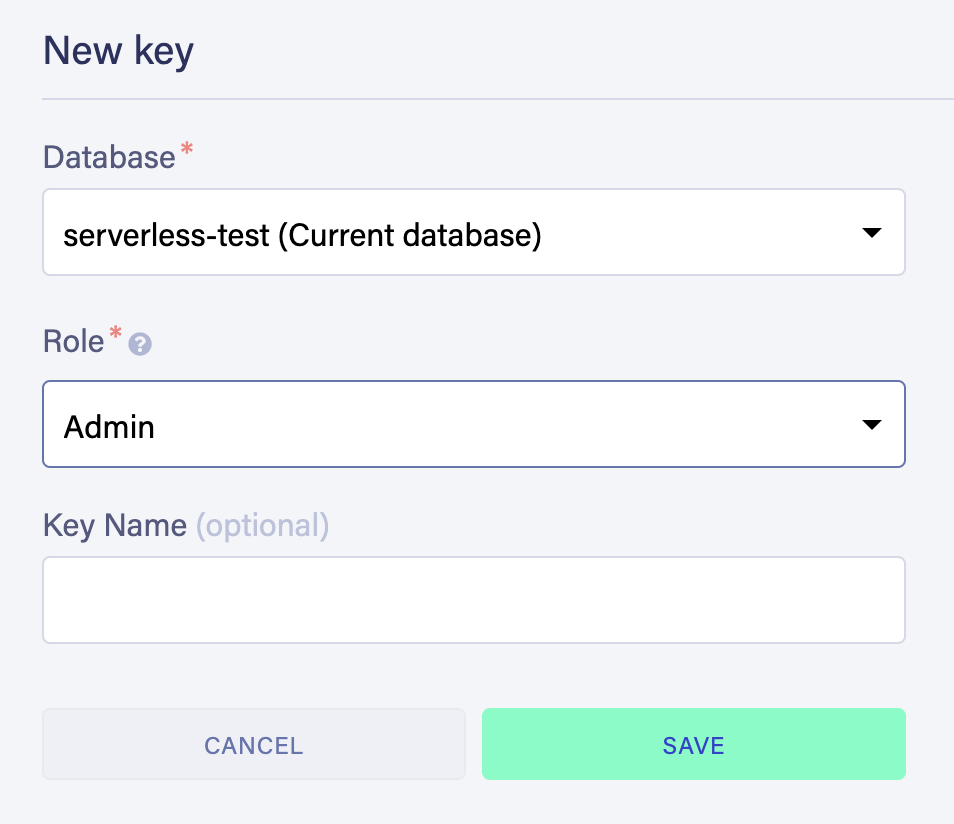 The 'new key' screen in the faunaDB admin panel