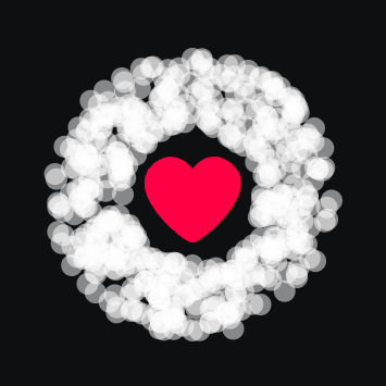 The heart icon nicely encircled by 500 particles, spread into a donut shape