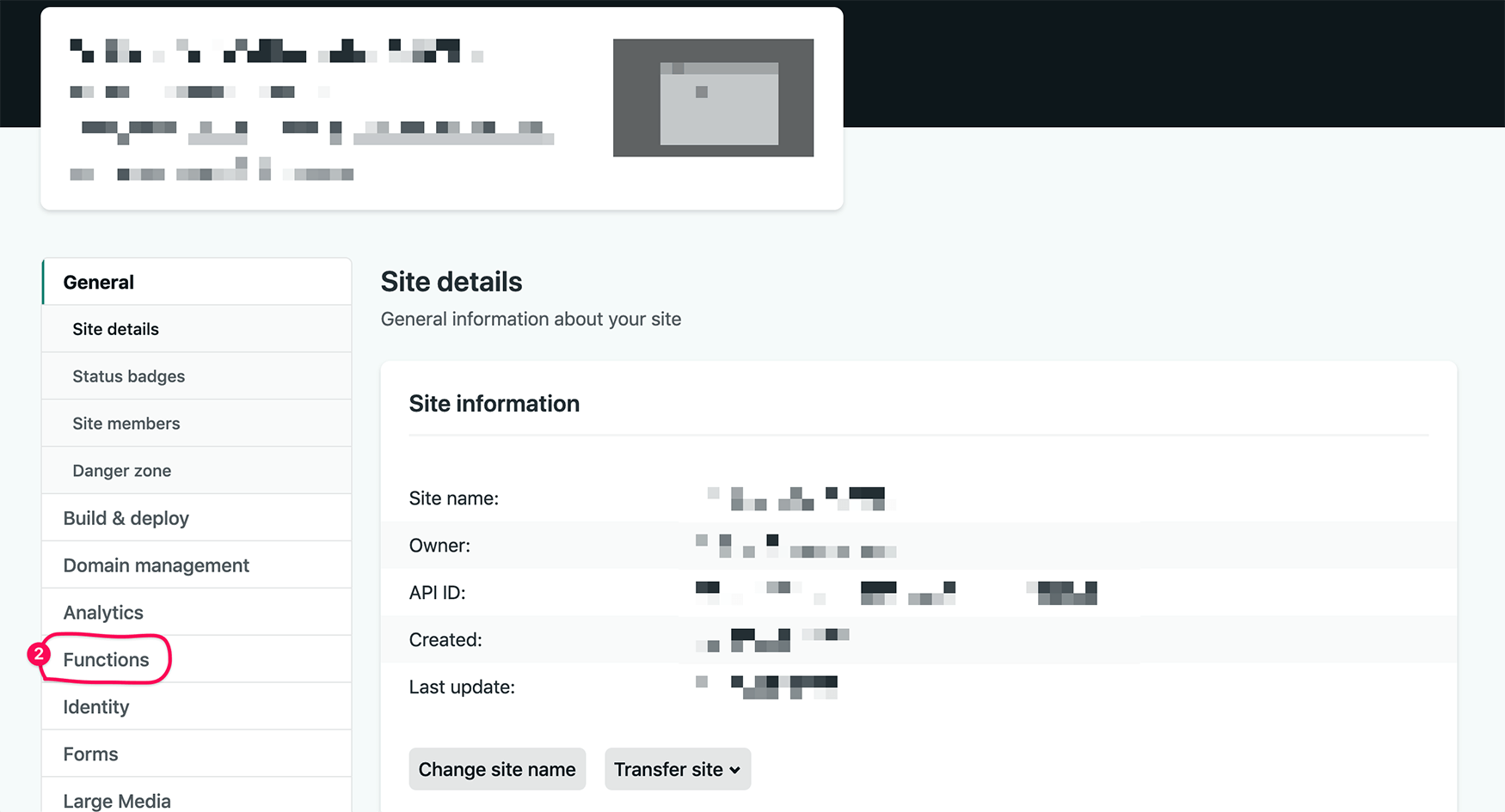 The site settings page. In the left side-bar, the navigation link for “functions” is circled